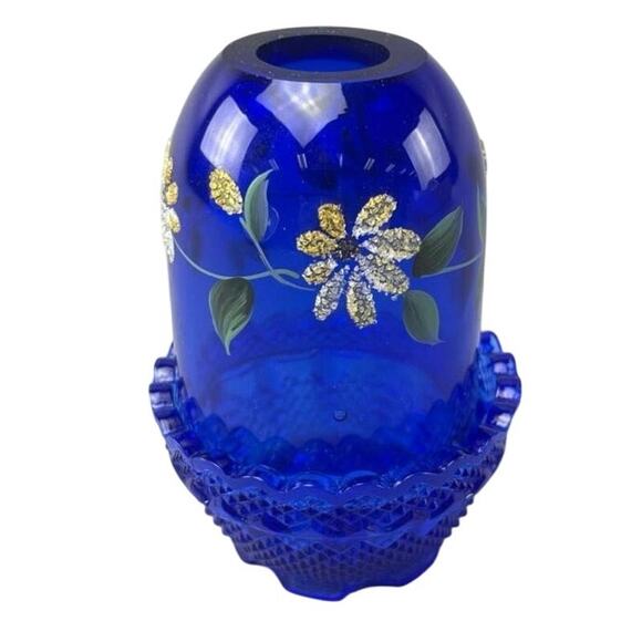 Fenton Fairy Lamp Cobalt Blue Hand Painted Flowers Signed 4.5" Tall Floral - Picture 2 of 4
